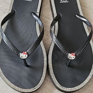 Hello Kitty Black Sandals with Rhinestone Trim